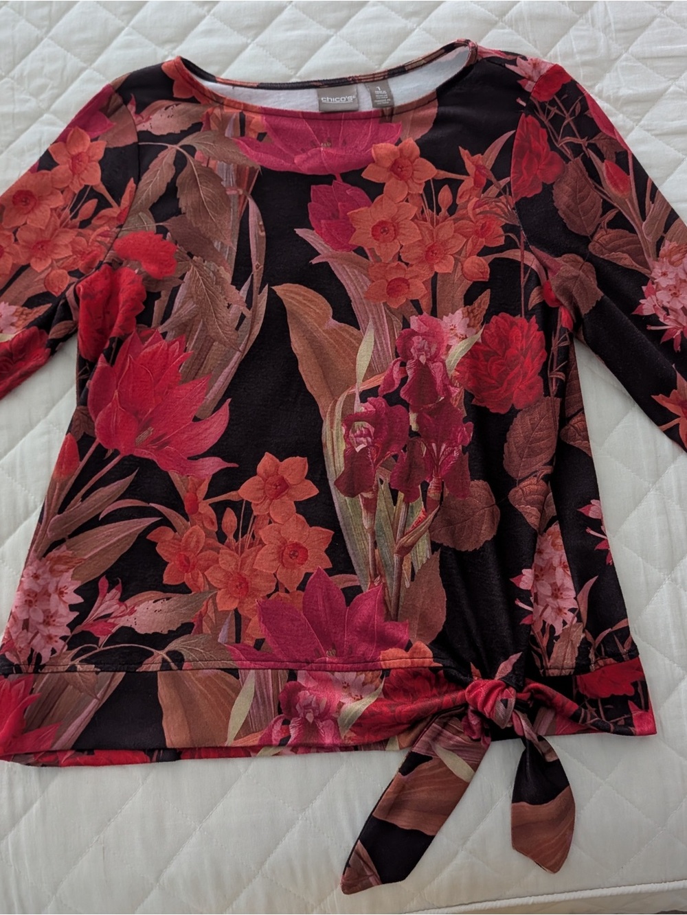 Chico's Black Top with Red & Brown Floral Tie-Hem